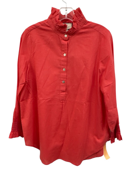 Tuckernuck Size S Coral Pink Cotton 1/2 Sleeve 1/4 Button Ruffle Mock Neck Top Coral Pink / S