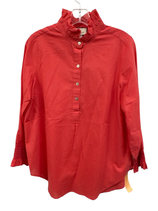 Tuckernuck Size S Coral Pink Cotton 1/2 Sleeve 1/4 Button Ruffle Mock Neck Top Coral Pink / S