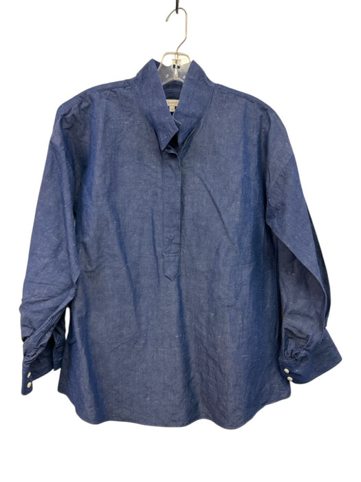 Ann Mashburn Size XS Blue Cotton, Linen & Silk Long Sleeve Stand Collar Top Blue / XS