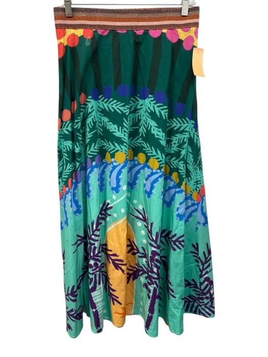 Oliphant Size M Green, Aqua & Gold Cotton Elastic Waist Metalic Threading Skirt Green, Aqua & Gold / M