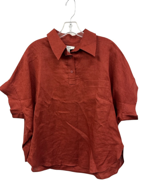COS Size XS Rust Red Linen Short Sleeve 1/4 Button Breast Pocket Top Rust Red / XS