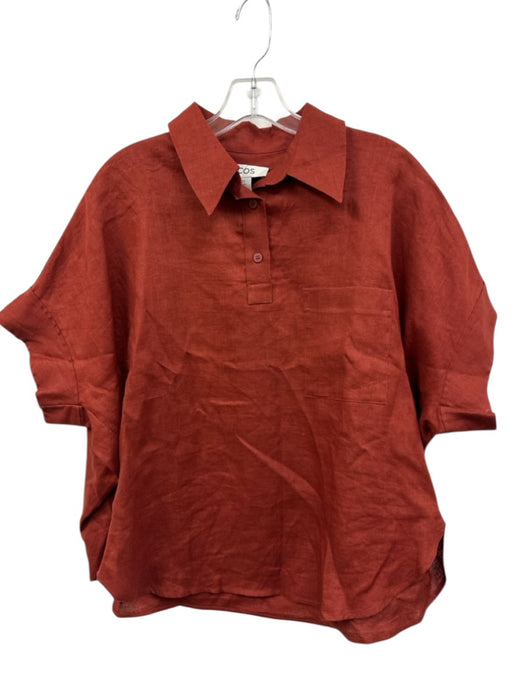 COS Size XS Rust Red Linen Short Sleeve 1/4 Button Breast Pocket Top Rust Red / XS