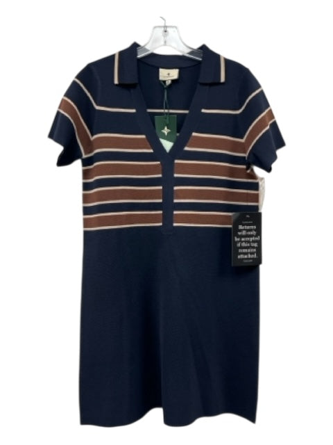 Tuckernuck Size Medium Navy, Brown & Cream Polyester Blend Rib Knit V Neck Dress Navy, Brown & Cream / Medium