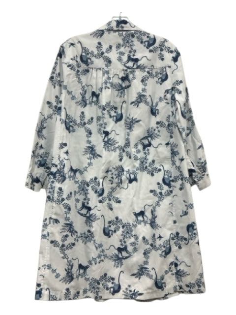 Saloni Size 6 White & Blue Cotton 3/4 Sleeve Monkey Floral 1/2 Button Dress White & Blue / 6