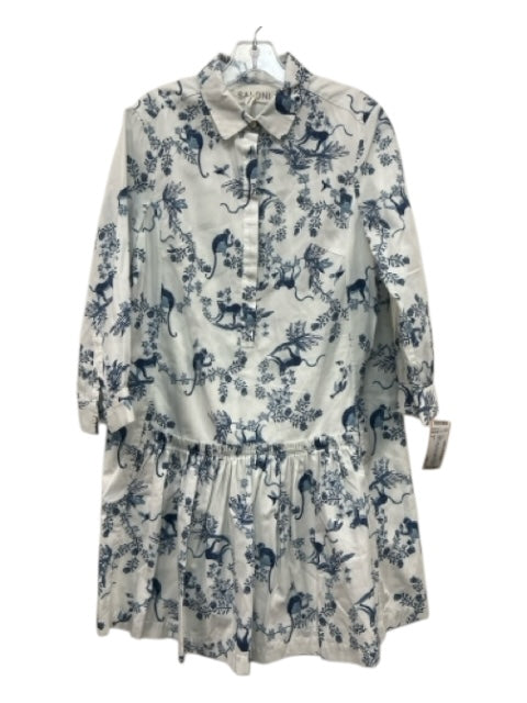 Saloni Size 6 White & Blue Cotton 3/4 Sleeve Monkey Floral 1/2 Button Dress White & Blue / 6