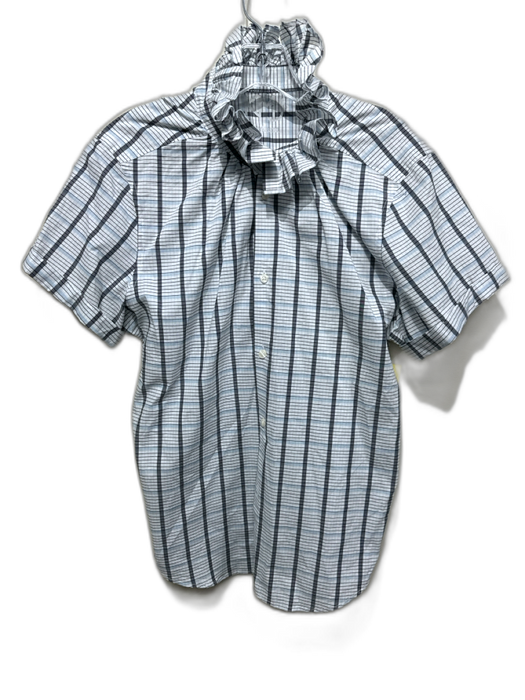 KMJ Size M Blue, Gray, White Cotton Short Sleeve Plaid Ruffle Mock Neck Top Blue, Gray, White / M