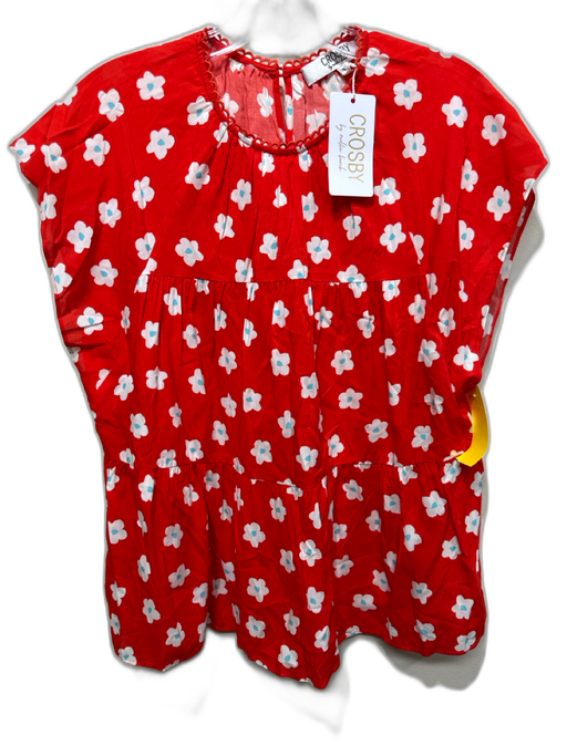 Crosby Size S Red, White, Blue Rayon Cap Sleeve Floral Print Ric Rac Trim Top Red, White, Blue / S