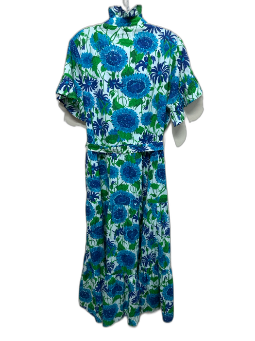 Mille Resort & Travel Size M Blue, Green, White Cotton Short Sleeve Midi Dress Blue, Green, White / M