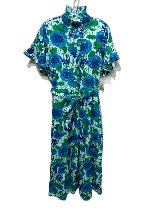 Mille Resort & Travel Size M Blue, Green, White Cotton Short Sleeve Midi Dress Blue, Green, White / M