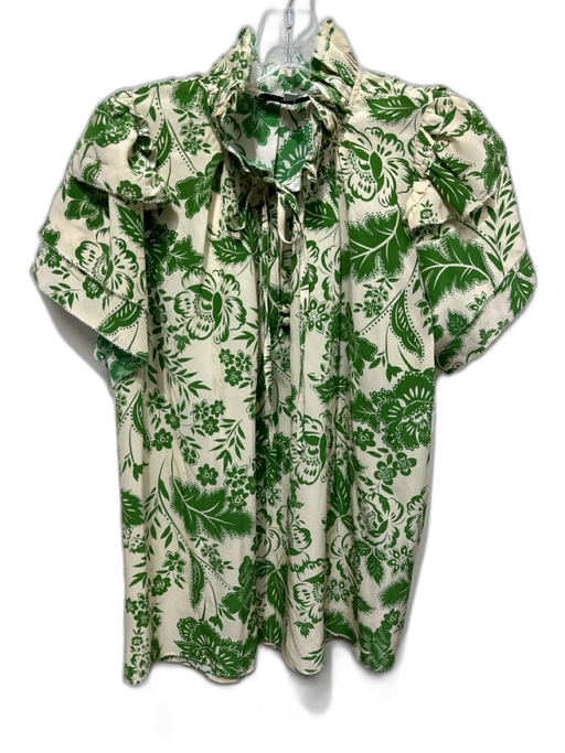 Hunter Bell Size S Green & Cream Silk Short Sleeve Floral Print Split V Neck Top Green & Cream / S