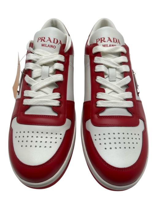 Prada Shoe Size 8 Box & Bag Inc. Red & White Leather Color Block Logo Sneakers Red & White / 8
