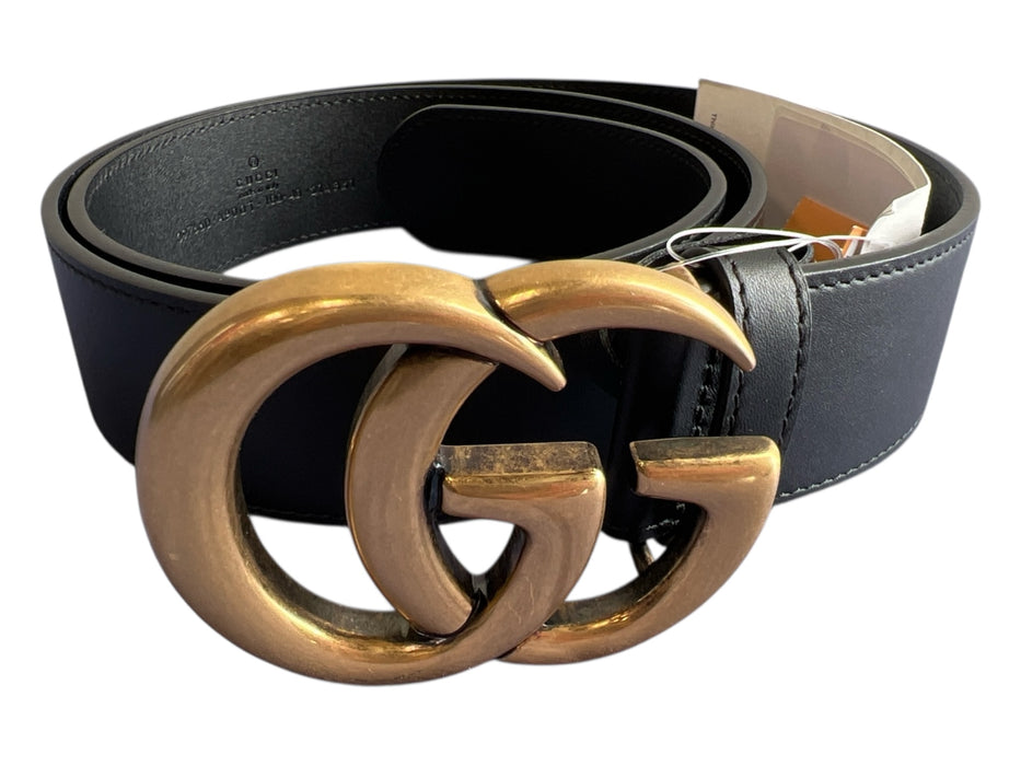 Gucci Black Leather Brass Hardware Logo Seam Detail Belts Black / Est M