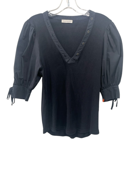 Ulla Johnson Size S Black Cotton Fabric Block Ribbed Short Puff Sleeve Top Black / S