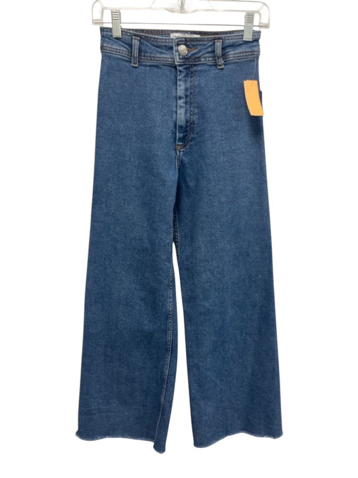 Zara Size 4 Medium Wash Cotton Wide Leg High Rise Fringe Jeans Medium Wash / 4