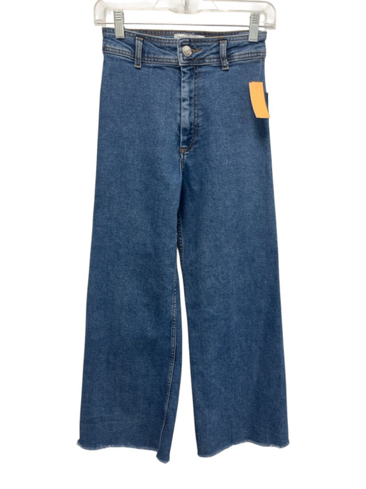 Zara Size 4 Medium Wash Cotton Wide Leg High Rise Fringe Jeans Medium Wash / 4