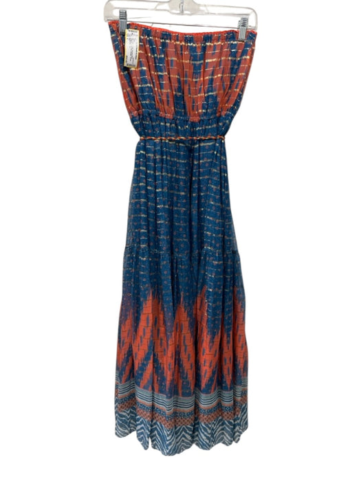 Verb Size 4 Blue, Orange, Gold Viscose Blend Strapless Mixed Print Dress Blue, Orange, Gold / 4