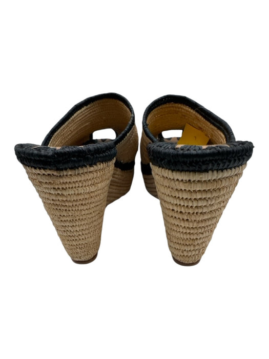 Le Mogador Shoe Size 39 Beige & Black Raffia Peep Toe Platform Mule Wedges Beige & Black / 39