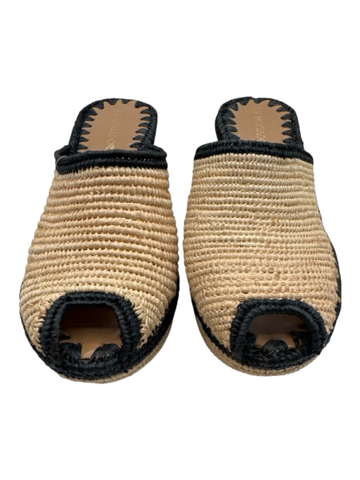 Le Mogador Shoe Size 39 Beige & Black Raffia Peep Toe Platform Mule Wedges Beige & Black / 39