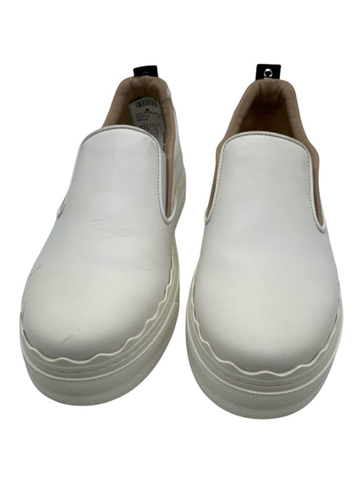 Chloe Shoe Size 38 Cream Leather Low Top scallop trim Logo Slip On Sneakers Cream / 38