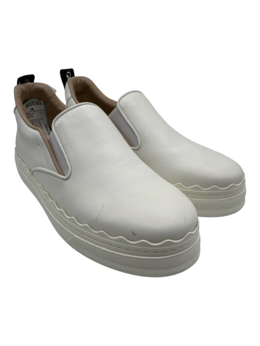 Chloe Shoe Size 38 Cream Leather Low Top scallop trim Logo Slip On Sneakers Cream / 38