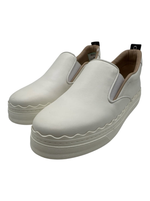 Chloe Shoe Size 38 Cream Leather Low Top scallop trim Logo Slip On Sneakers Cream / 38
