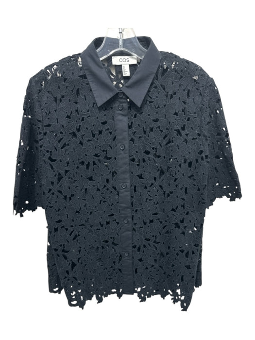 COS Size 8 Black Missing Fabric Button Down Collared Open Knit short sleeve Top Black / 8