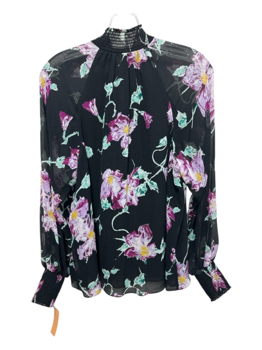 A.L.C. Size Jumbo Black, Teal, Purple Silk Floral V Neck Long Sheer Sleeve Top Black, Teal, Purple / Jumbo