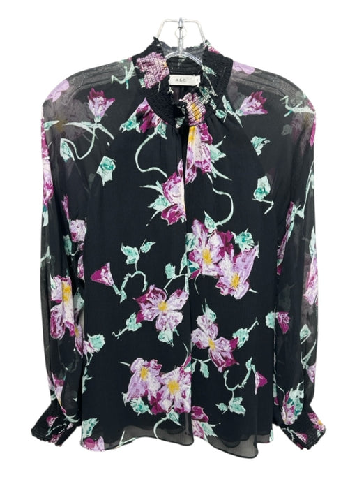 A.L.C. Size Jumbo Black, Teal, Purple Silk Floral V Neck Long Sheer Sleeve Top Black, Teal, Purple / Jumbo