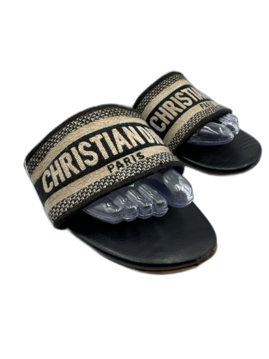 Christian Dior Shoe Size 42 Black & Cream White textile upper Logo Slide Sandals Black & Cream White / 42