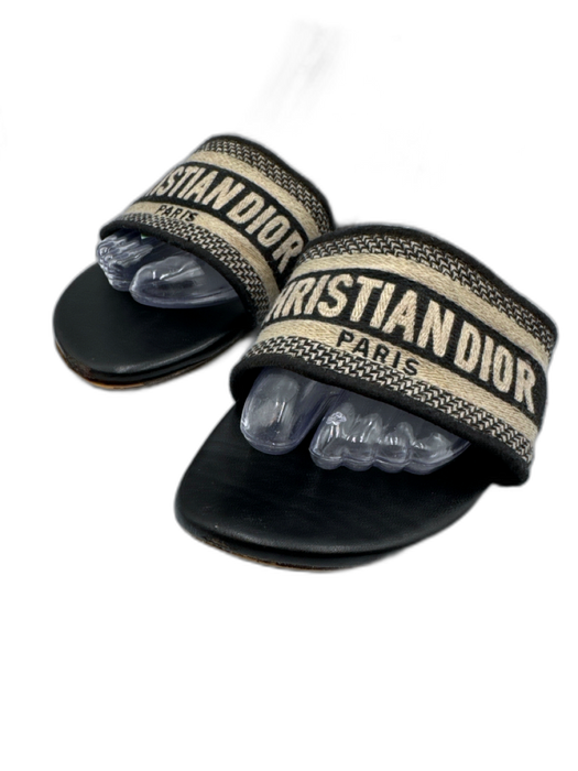 Christian Dior Shoe Size 42 Black & Cream White textile upper Logo Slide Sandals Black & Cream White / 42