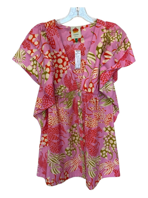 Farm Rio Size S Pink & Green Cotton Short Sleeve Lobster V Neck Dress Pink & Green / S