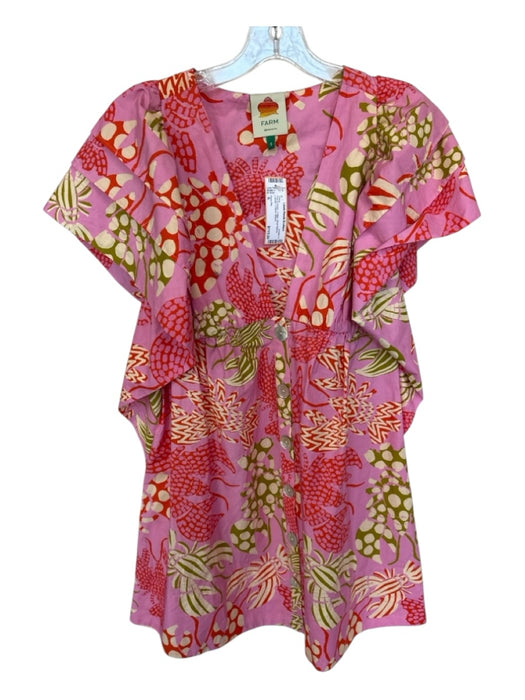 Farm Rio Size S Pink & Green Cotton Short Sleeve Lobster V Neck Dress Pink & Green / S