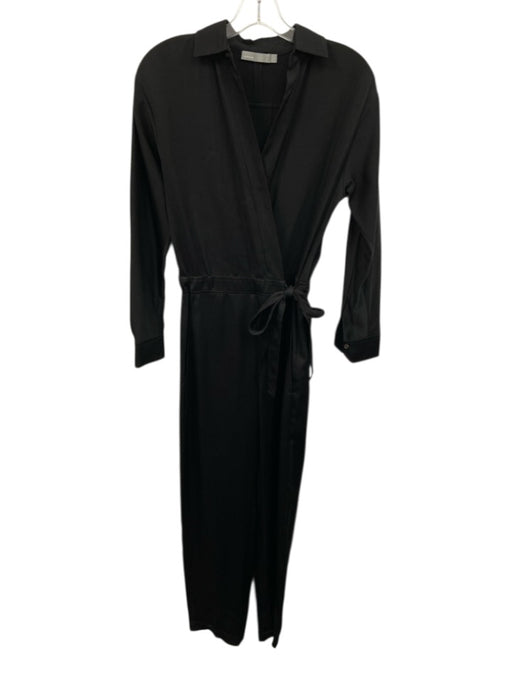 Vince Size XS Black Triacetate Blend Tie Waist V Neck Satin Long Sleeve Jumpsuit Black / XS