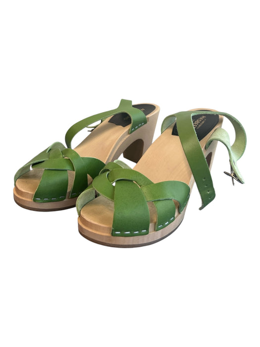 Hasbeens Shoe Size 36 Green Leather Wood platform Peep Toe Ankle Buckle Shoes Green / 36