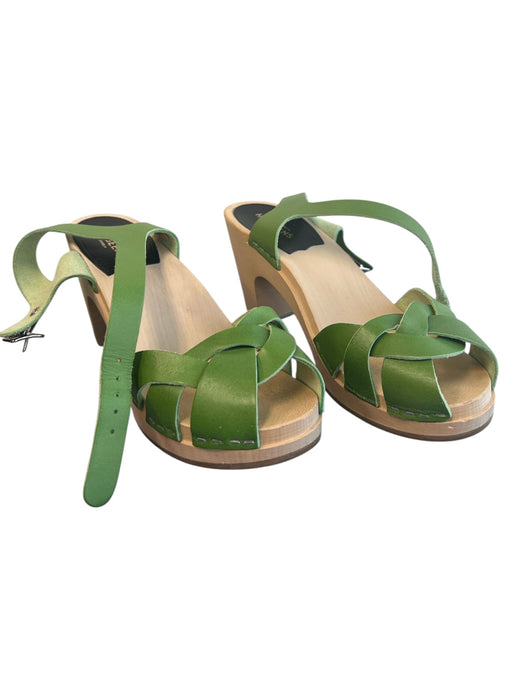 Hasbeens Shoe Size 36 Green Leather Wood platform Peep Toe Ankle Buckle Shoes Green / 36