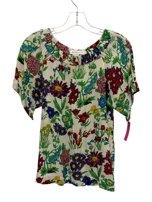 See By Chloe Size 2 White, Green & Multi Viscose Blend floral print Top White, Green & Multi / 2