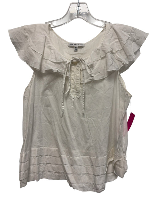 See By Chloe Size 4 White Cotton Sleeveless Sleeveless Ruffles 1/4 Button Top White / 4