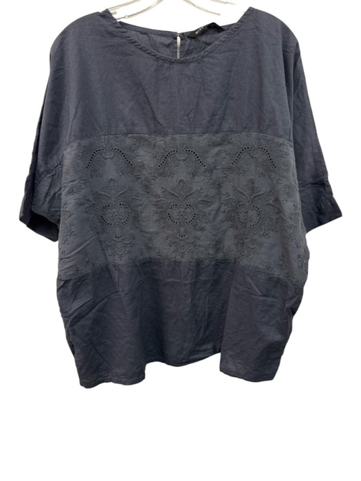 Mizuiro-ind Size Est L Slate Blue Cotton 1/2 Dolman Sleeve Embroidered Panel Top Slate Blue / Est L