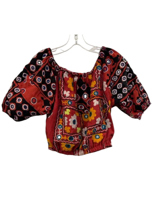 Mochi Size M Red & Multi Cotton Geometric Embroidery Off Shoulder Puff Top Red & Multi / M
