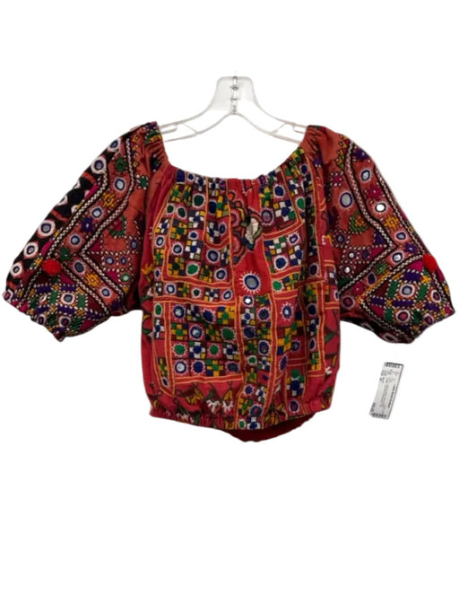 Mochi Size M Red & Multi Cotton Geometric Embroidery Off Shoulder Puff Top Red & Multi / M