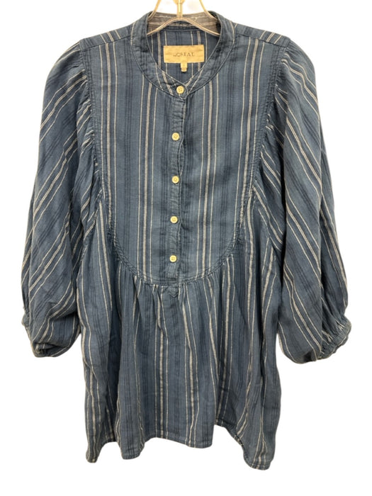 The Great Size 1 Blue & White Cotton Striped 3/4 Balloon Sleeve 1/2 Button Top Blue & White / 1