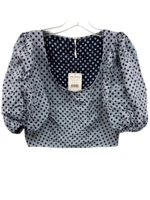 Free People Size 12 Blue & Navy Polyester Polka Dots 1/2 Puff Sleeve U Neck Top Blue & Navy / 12