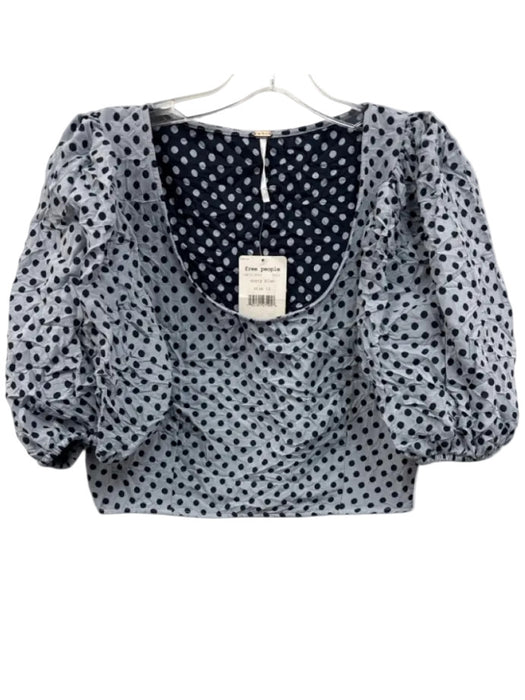 Free People Size 12 Blue & Navy Polyester Polka Dots 1/2 Puff Sleeve U Neck Top Blue & Navy / 12