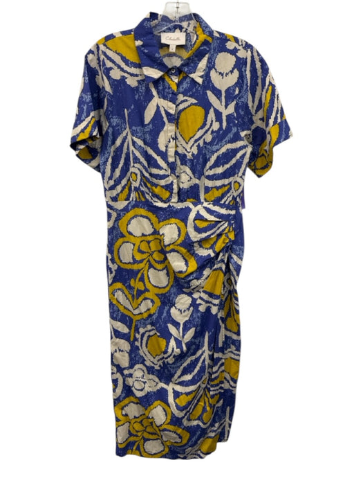 Cleobella Size S Blue, Cream & Yellow Cotton Abstract Print 1/2 Button Dress Blue, Cream & Yellow / S