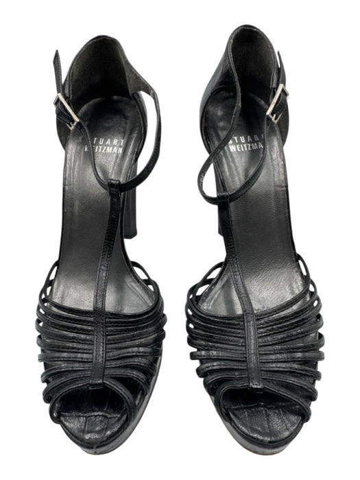 Stuart Weitzman Shoe Size 6.5 Black Leather Croc Embossed Platform Sandals Black / 6.5