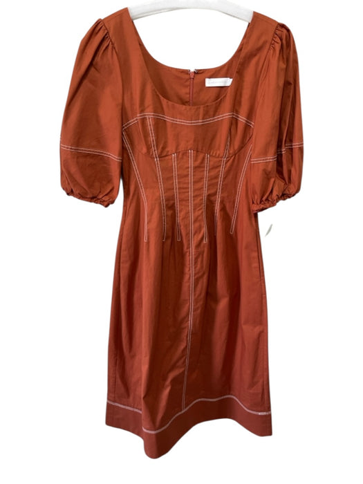 Jonathan Simkhai Size 8 Burnt Orange Cotton Blend Wide Neck Puff Sleeve Dress Burnt Orange / 8