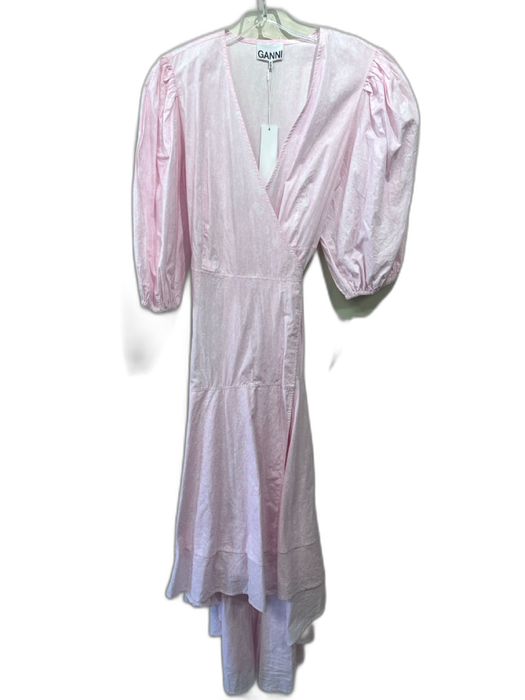 Ganni Size 40 Light Pink & White Cotton Short Puff Sleeve Floral Print Dress Light Pink & White / 40
