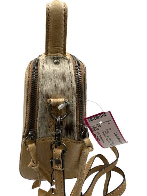 PG Collections Tan, White & Brown Leather Ponyhair Zip Close Top Handle Bag Tan, White & Brown / Small