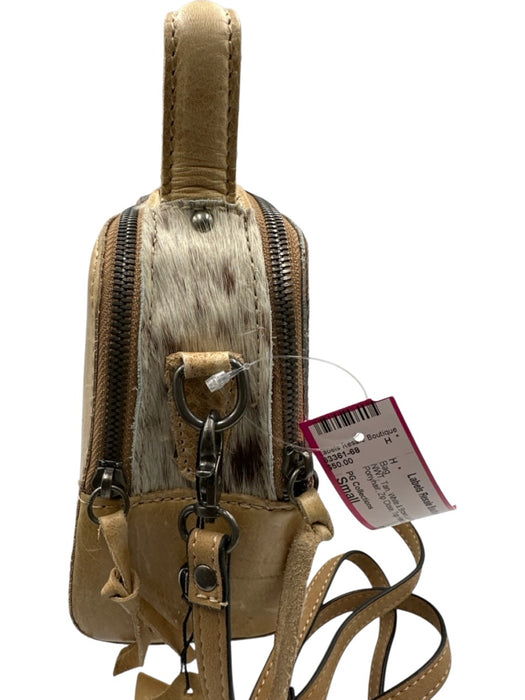 PG Collections Tan, White & Brown Leather Ponyhair Zip Close Top Handle Bag Tan, White & Brown / Small