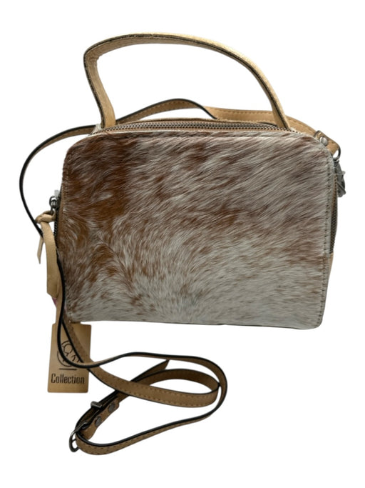PG Collections Tan, White & Brown Leather Ponyhair Zip Close Top Handle Bag Tan, White & Brown / Small